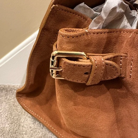 Claudia Firenze Cognac Brown East West Bowling Suede Bag Made in Italy - Picture 5 of 8